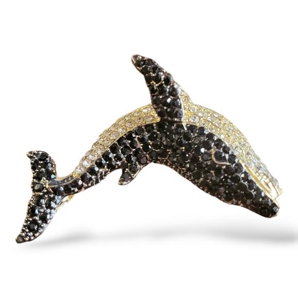 Gold Tone Black and White Round Crystal Killer Whale Brooch and Pendant - Picture 1 of 6